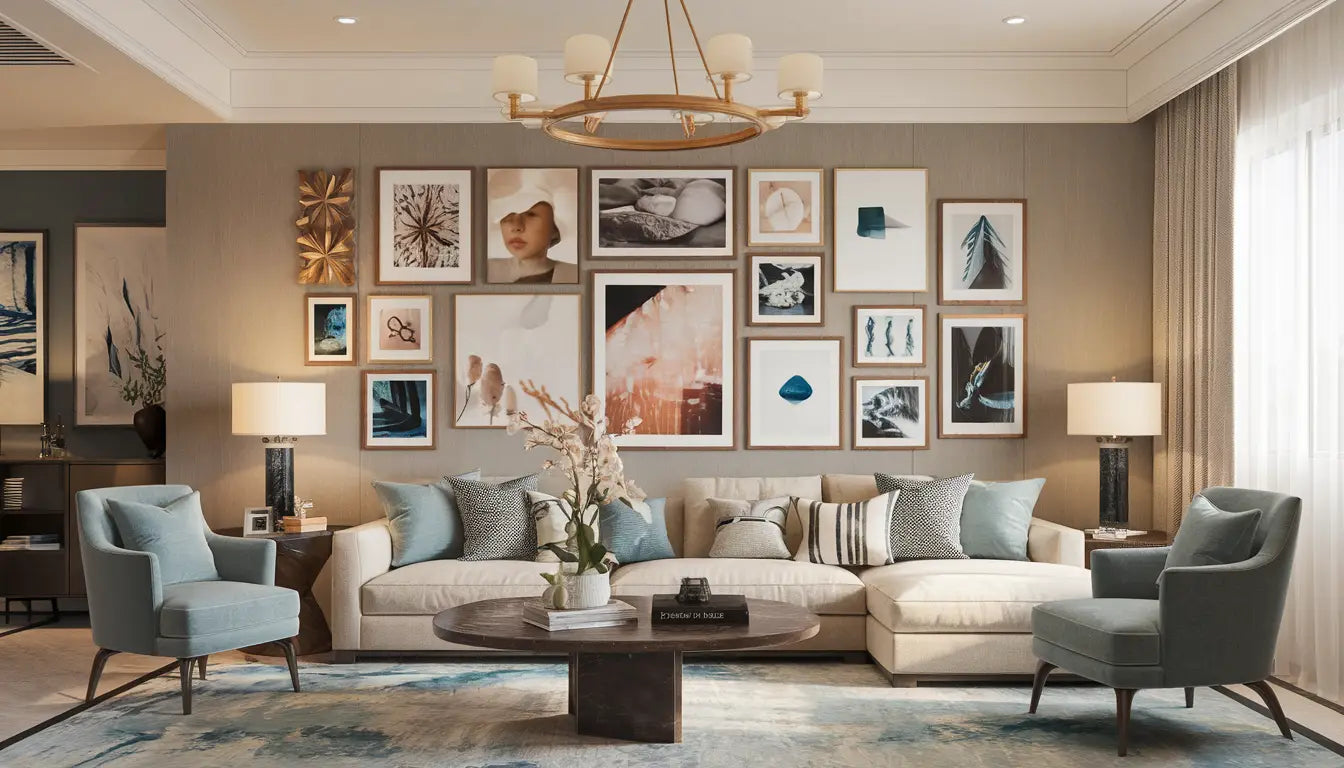 Modern, stylish living room with an elegant gallery wall featuring premium picture frames and art, warm lighting, and tasteful furnishings in a New York or New Jersey home.