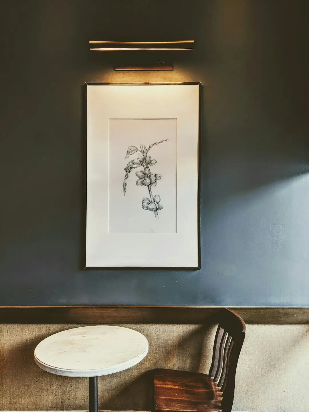Framed botanical sketch of a flowering plant with wall-mounted light in online picture frame article.