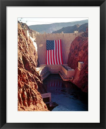 Hoover Dam with large  American flag