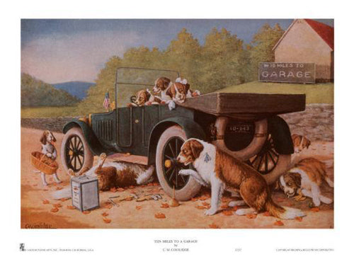 Ten Miles to a Garage by C.M. Coolidge Art Print - Classic Dog Poker Wall Decor