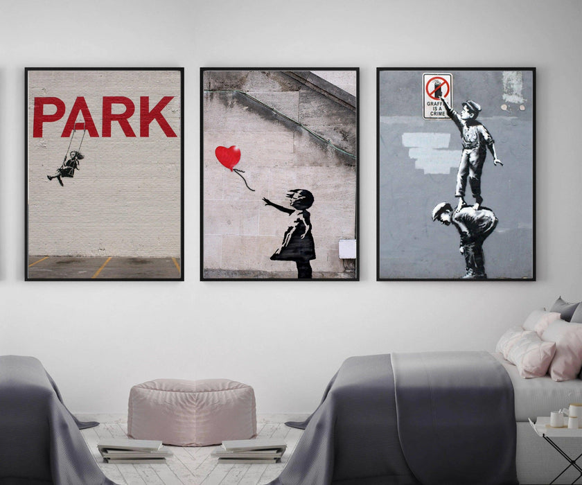 Banksy Graffiti Street Art Framed Canvas Set of 3 Picture Frame Store New Jersey