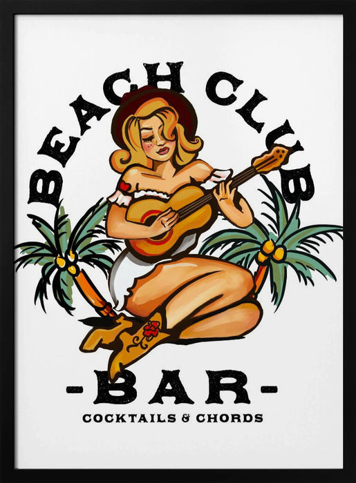 Beach Club Bar. Sailor Jerry Style Pin-up Girl Playing Guitar - The Whiskey Ginger Framed Art | Home or Office Art