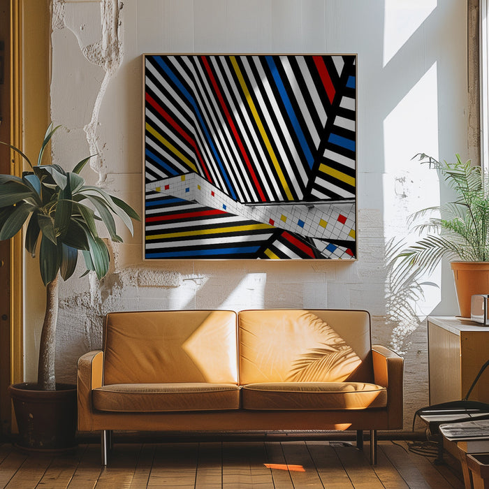 Mondriaan coloured hall by Huib Limberg Square Canvas Print Art for Modern Home Decor. Decorate your office or living room with canvas artwork