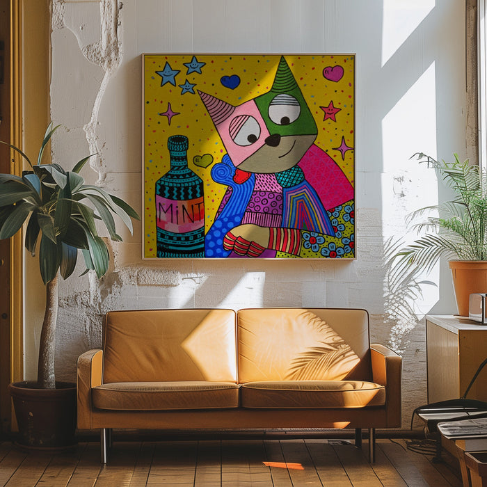 Cat and bottle of mint Square Canvas Art Gulnara Khamitova