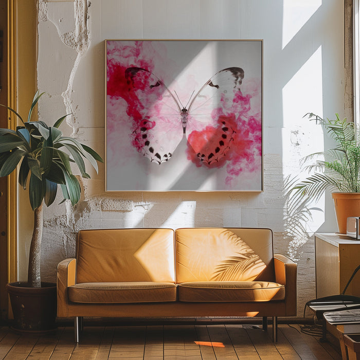 White Morpho Butterfly With Crimson Ink by Alyson Fennell Square Canvas Print Art for Modern Home Decor. Decorate your office or living room with canvas artwork