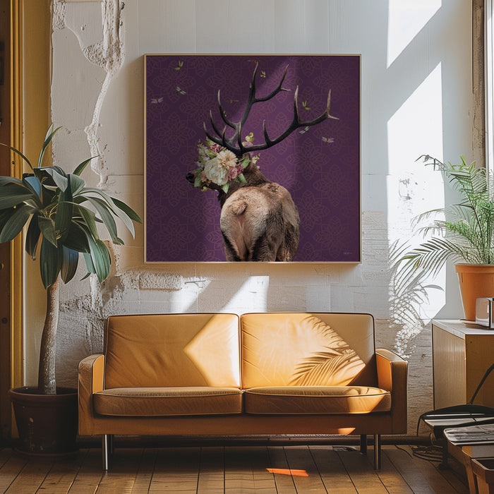 Spring Flower Bonnet On Deer by Sue Skellern Square Canvas Print Art for Modern Home Decor. Decorate your office or living room with canvas artwork