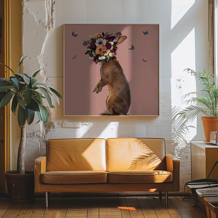 Spring Flower Bonnet On Rabbit by Sue Skellern Square Canvas Print Art for Modern Home Decor. Decorate your office or living room with canvas artwork