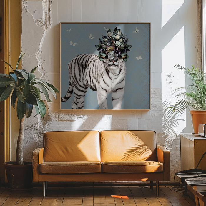 Spring Flower Bonnet On White Tiger by Sue Skellern Square Canvas Print Art for Modern Home Decor. Decorate your office or living room with canvas artwork