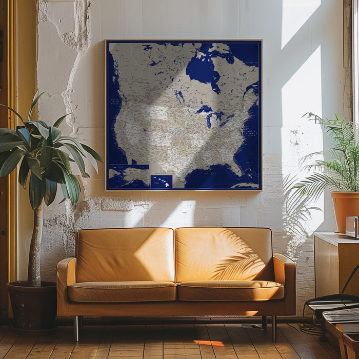 Highly detailed map of the United States, Kameryn by Rosana Laiz Blursbyai Square Canvas Print Art for Modern Home Decor. Decorate your office or living room with canvas artwork