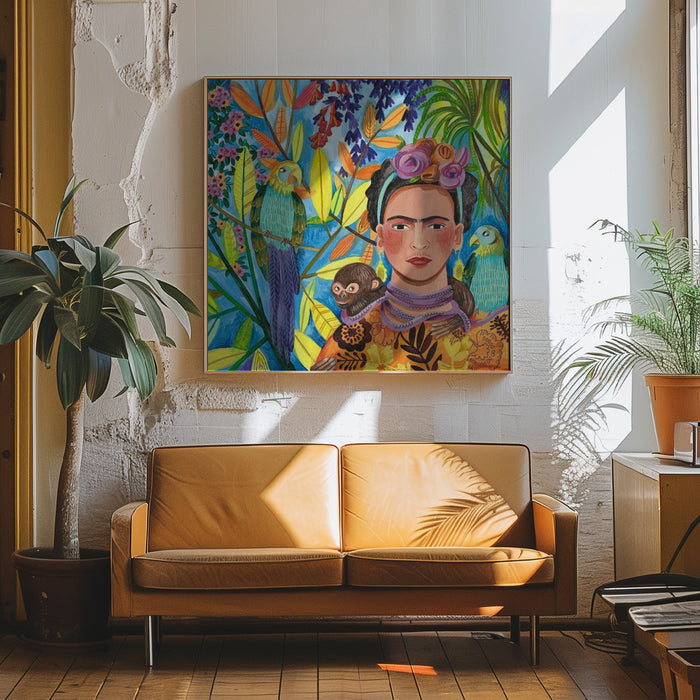 Frida and her parrots by Caroline Bonne Müller Square Canvas Print Art for Modern Home Decor. Decorate your office or living room with canvas artwork