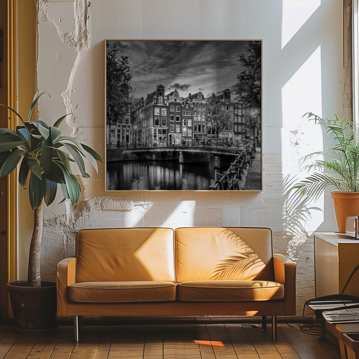 AMSTERDAM Idyllic impression from Singel - Monochrome by Melanie Viola Square Canvas Print Art for Modern Home Decor. Decorate your office or living room with canvas artwork