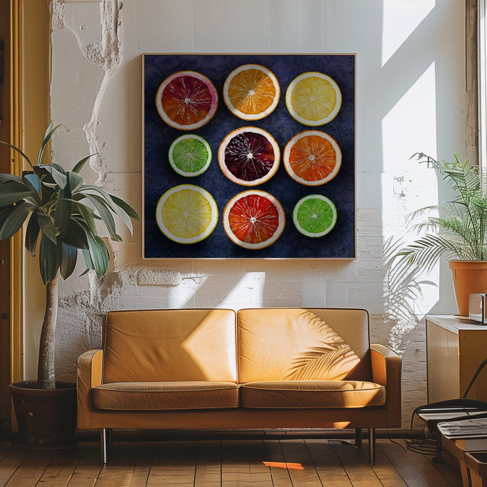 Citrus energy by EMELIEmaria Square Canvas Print Art for Modern Home Decor. Decorate your office or living room with canvas artwork