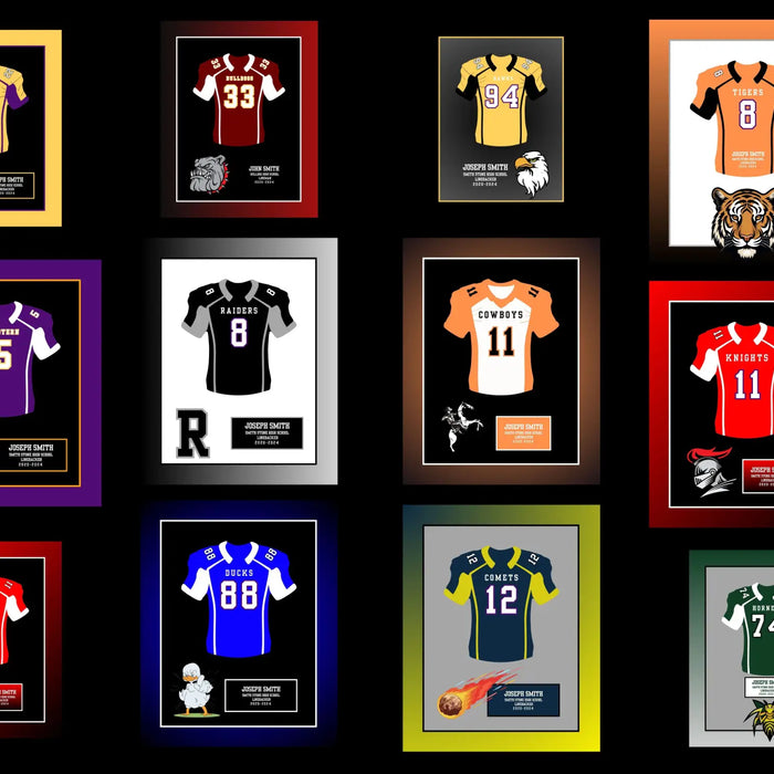 Framed sports jerseys from various teams in a grid for a high school Senior Night gift.