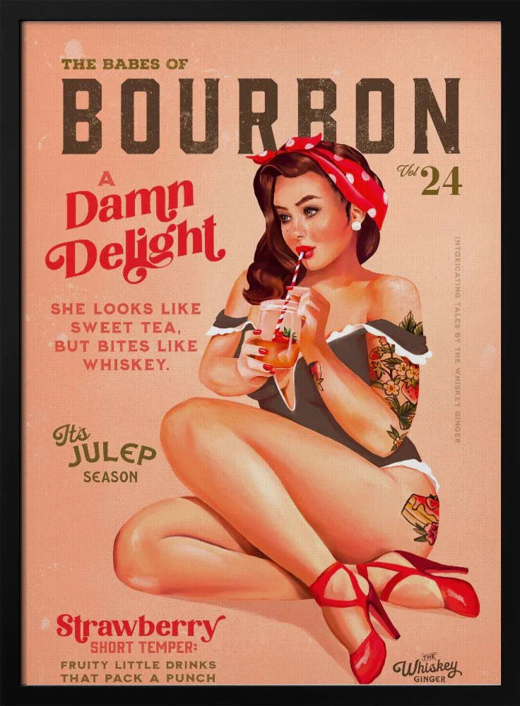 Bourbon Babes Vol 22 Vintage Pinup Girl Drinking A Cocktail - The Whiskey Ginger Framed Art | Home or Office Art