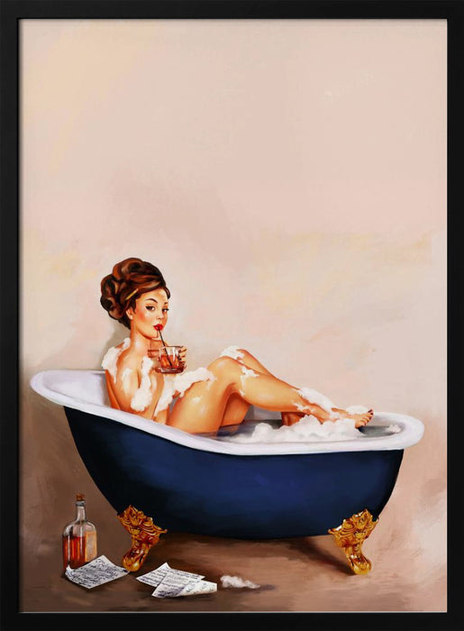 Bathtub Drinks: Pinup Girl Drinking In Bathroom - The Whiskey Ginger Framed Art | Home or Office Art