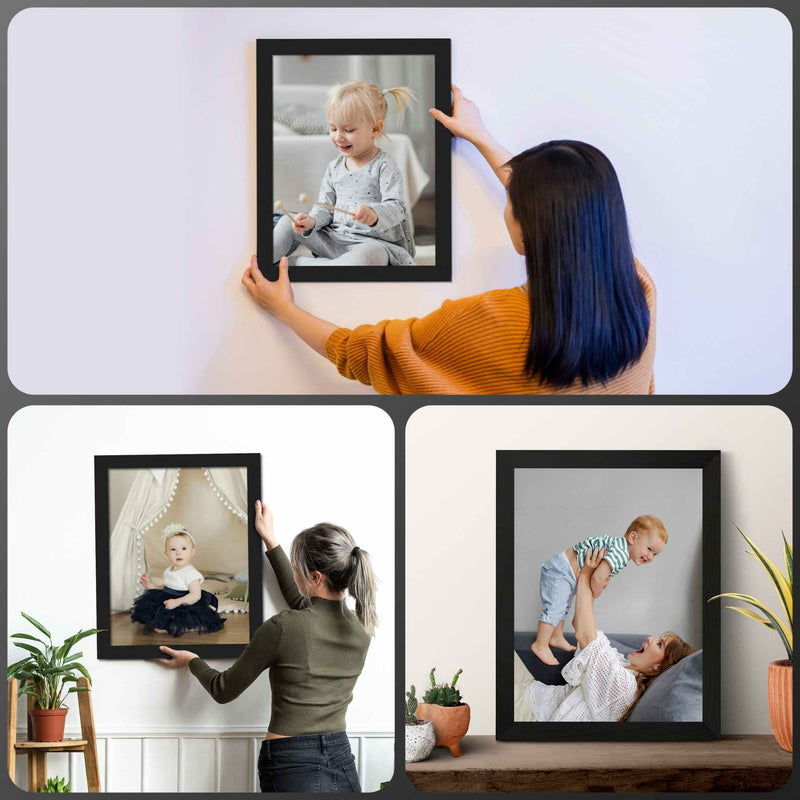 The image is a collage of three photos depicting a woman hanging two framed pictures on a wall.