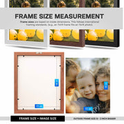 The image is a collage of multiple framed photographs, and it includes a section for frame size measurement.
