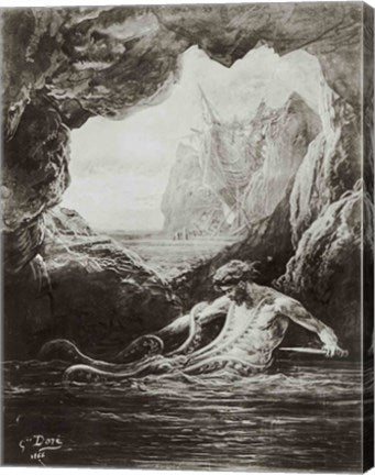 Gilliatt struggles with the giant octopus by Gustave Dore