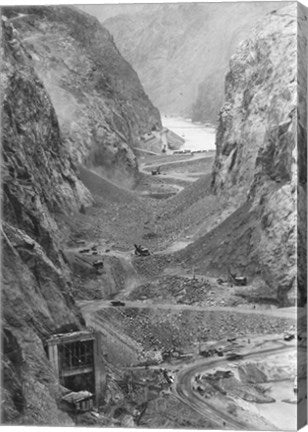 Looking upstream through Black Canyon toward Hoover Dam site showing condition after diversion of Colorado River