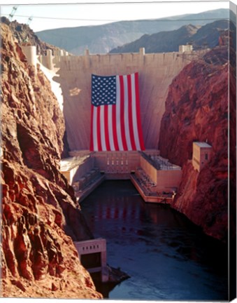 Hoover Dam with large  American flag