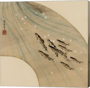Fan-shaped drawing of fish swimming upstream
