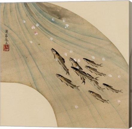 Fan-shaped drawing of fish swimming upstream