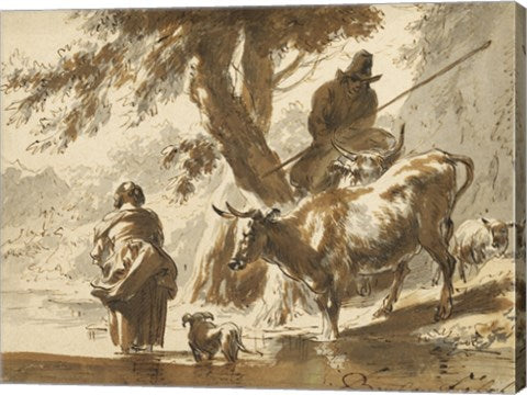 Cows Crossing a Ford with a Couple and a Dog by Nicolaes Berchem