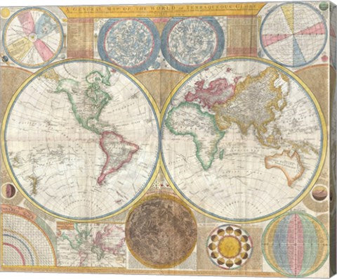 1794 Samuel Dunn Wall Map of the World in Hemispheres