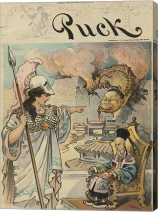 Civilization holding a spear, standing before a benign Chinese emperor