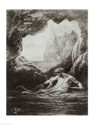 Gilliatt struggles with the giant octopus by Gustave Dore