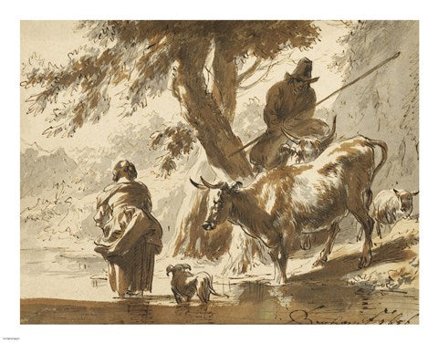 Cows Crossing a Ford with a Couple and a Dog by Nicolaes Berchem