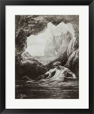 Gilliatt struggles with the giant octopus by Gustave Dore