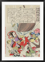 Debris from Russian battleship falling to the bottom of the sea where it is being salvaged by fish wearing kimonos