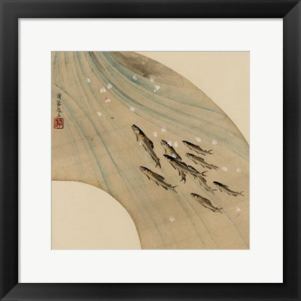 Fan-shaped drawing of fish swimming upstream
