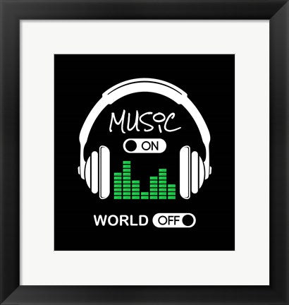 Music On, World Off Headphones Black Background by Color Me Happy