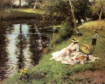 Picnic on the River Bank by Fernand Toussaint Wall Art Décor 22 x 25 Art Print