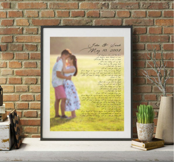 Wedding anniversary gift Custom framed photo and Custom Lyrics Print
