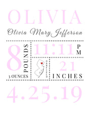 Baby Girl Newborn Nursery custom Birth stat frame print - Modern Memory Design Picture frames - New Jersey Frame shop custom framing