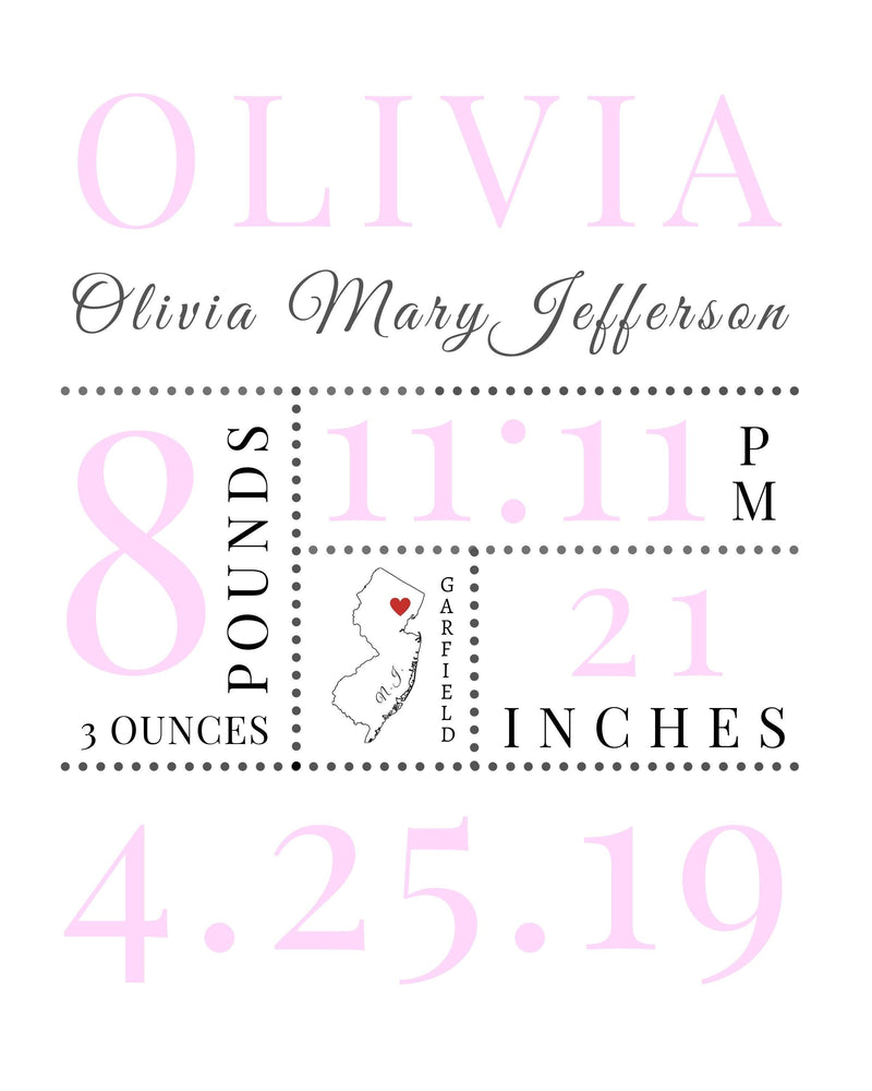 Baby Girl Newborn Nursery custom Birth stat frame print - Modern Memory Design Picture frames - New Jersey Frame shop custom framing