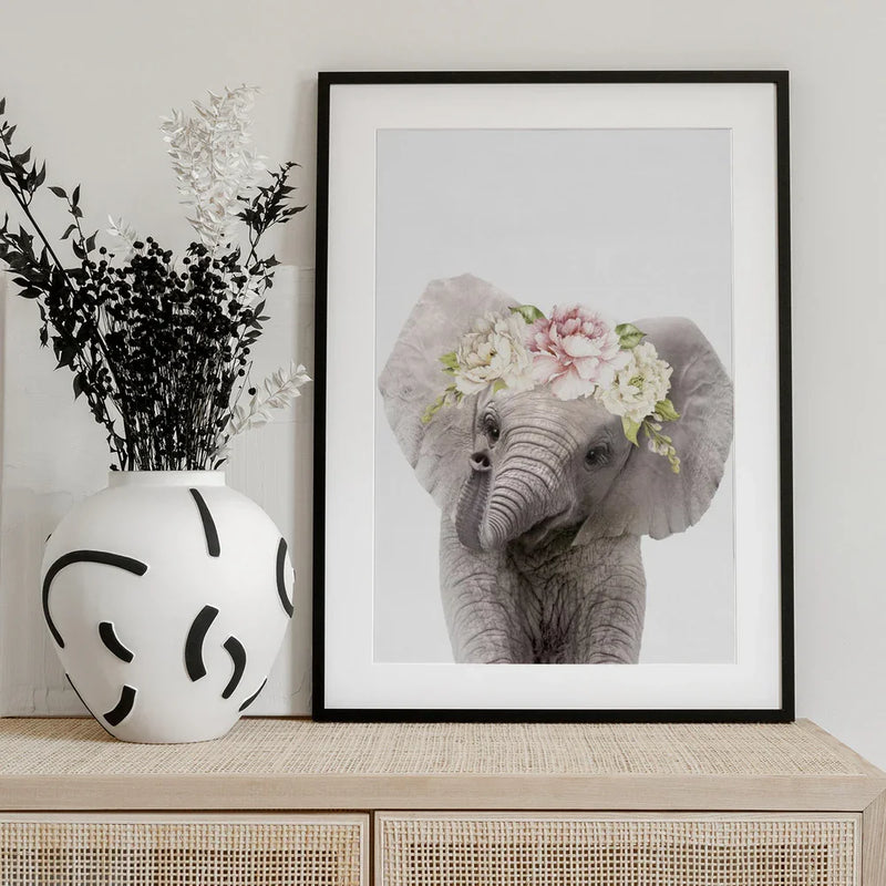 Floral Baby Elephant Framed Art Lola Peacock | Home or Office Art