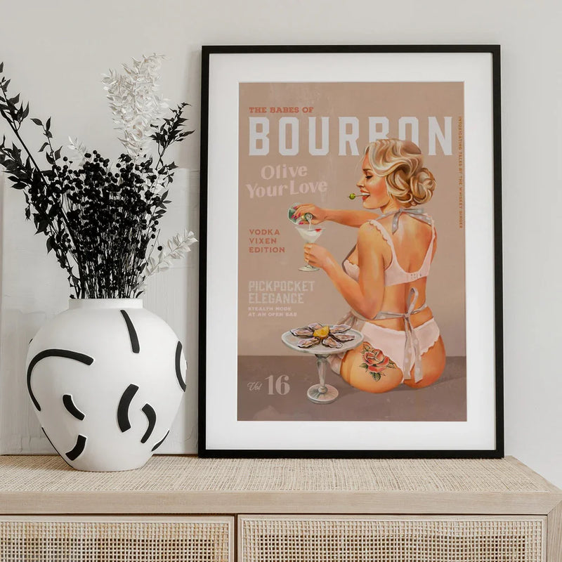 Bourbon Babe Vol 16 Vintage Vodka Martini Pin Up Girl - The Whiskey Ginger Framed Art | Home or Office Art