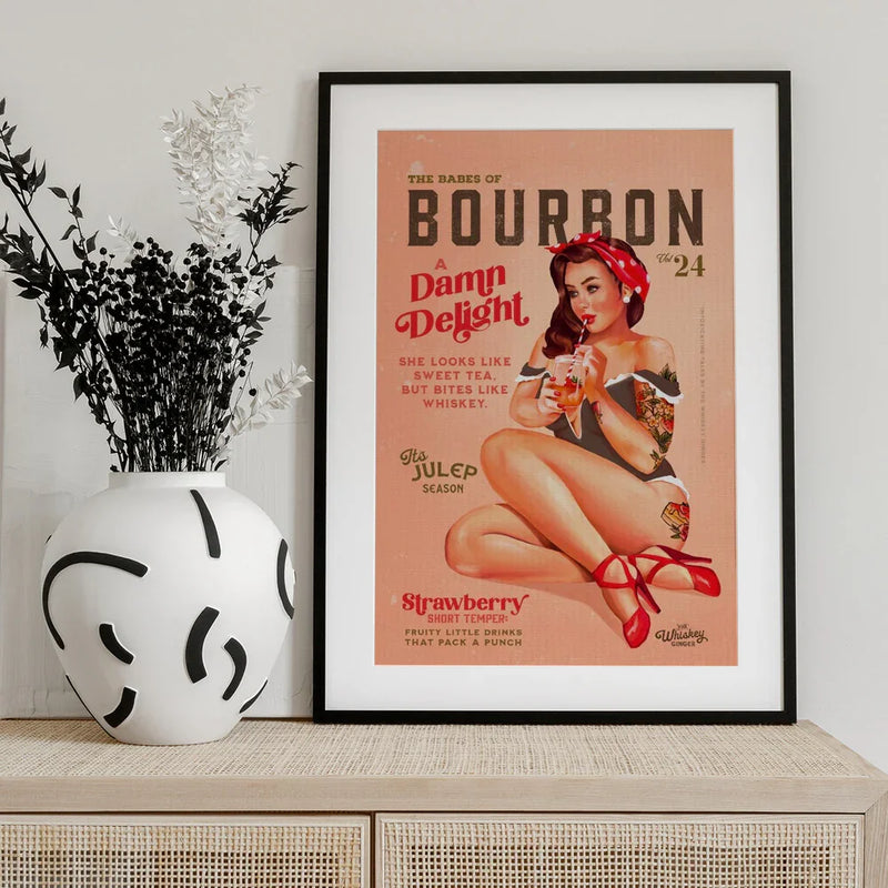 Bourbon Babes Vol 22 Vintage Pinup Girl Drinking A Cocktail - The Whiskey Ginger Framed Art | Home or Office Art