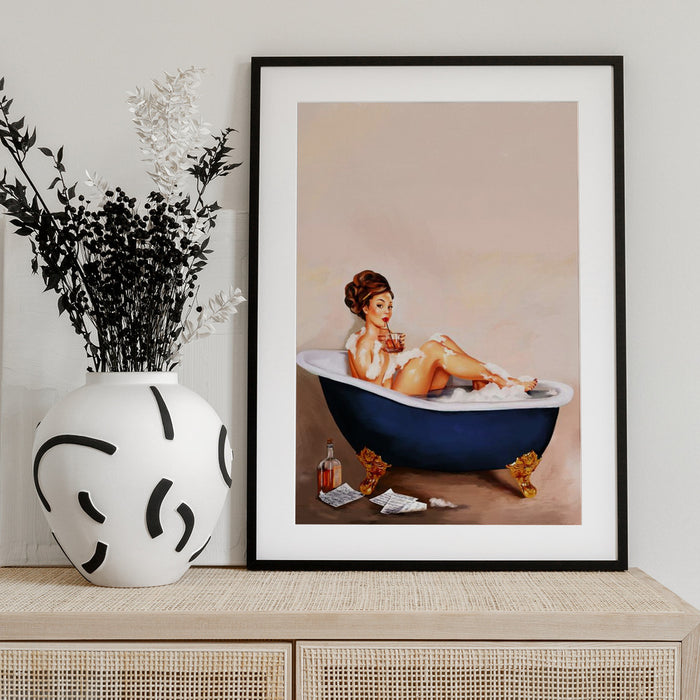 Bathtub Drinks: Pinup Girl Drinking In Bathroom - The Whiskey Ginger Framed Art | Home or Office Art