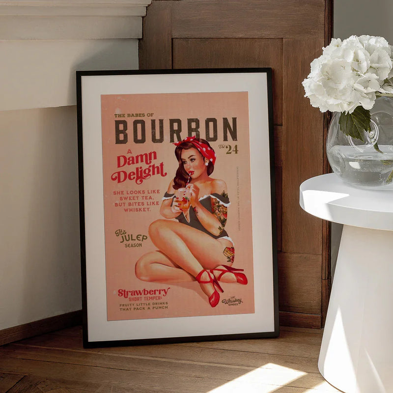 Bourbon Babes Vol 22 Vintage Pinup Girl Drinking A Cocktail - The Whiskey Ginger Framed Art | Home or Office Art