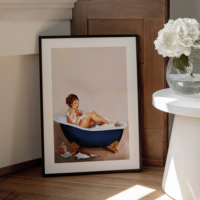 Bathtub Drinks: Pinup Girl Drinking In Bathroom - The Whiskey Ginger Framed Art | Home or Office Art