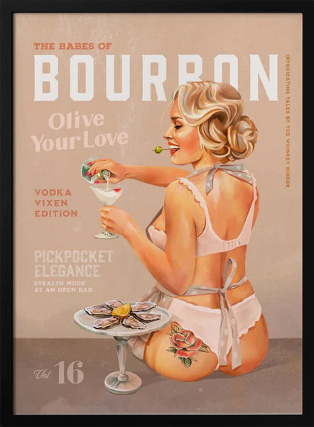 Bourbon Babe Vol 16 Vintage Vodka Martini Pin Up Girl - The Whiskey Ginger Framed Art | Home or Office Art