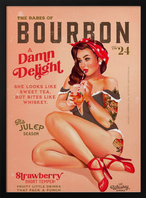 Bourbon Babes Vol 22 Vintage Pinup Girl Drinking A Cocktail - The Whiskey Ginger Framed Art | Home or Office Art