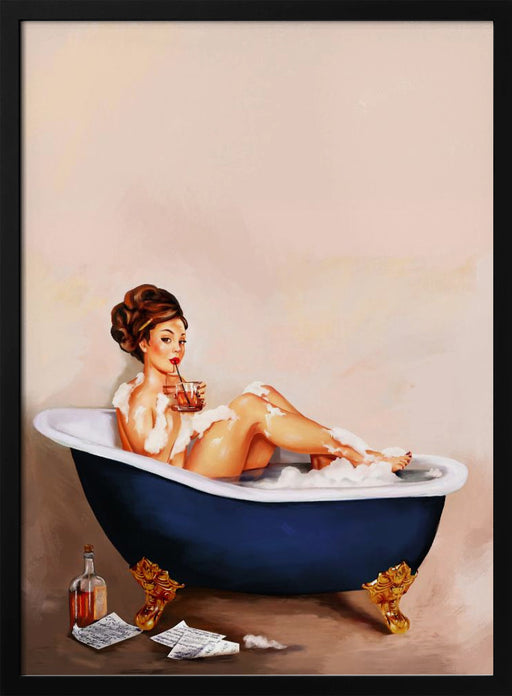 Bathtub Drinks: Pinup Girl Drinking In Bathroom - The Whiskey Ginger Framed Art | Home or Office Art