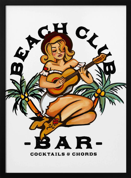 Beach Club Bar. Sailor Jerry Style Pin-up Girl Playing Guitar - The Whiskey Ginger Framed Art | Home or Office Art