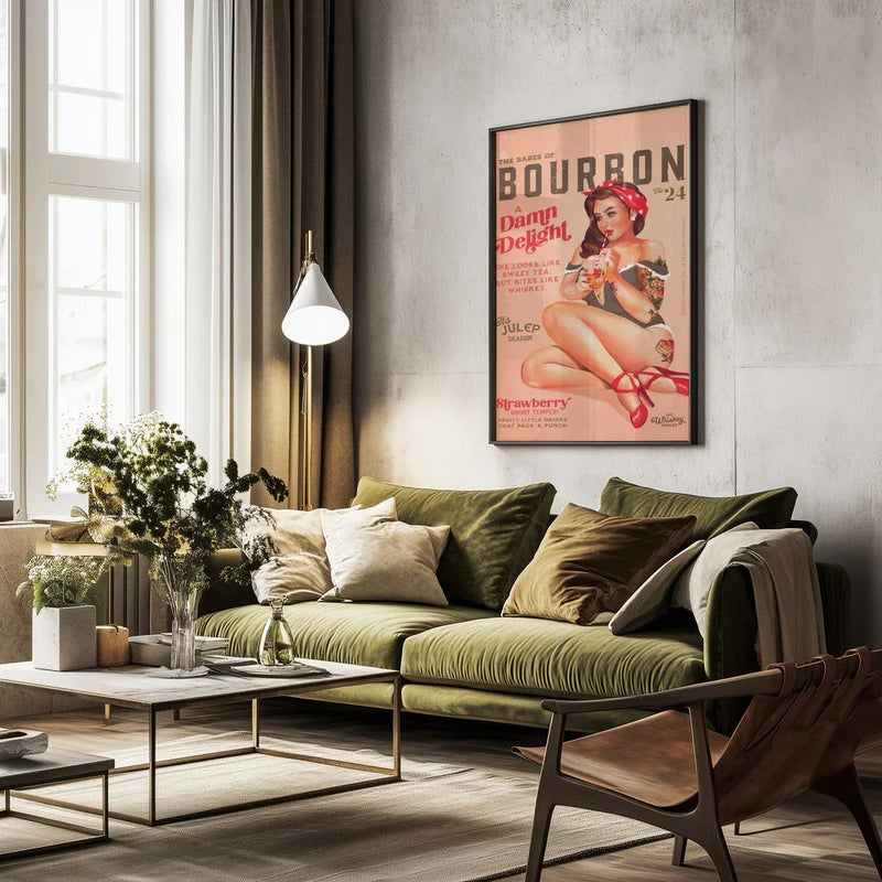 Bourbon Babes Vol 22 Vintage Pinup Girl Drinking A Cocktail - The Whiskey Ginger Framed Art | Home or Office Art